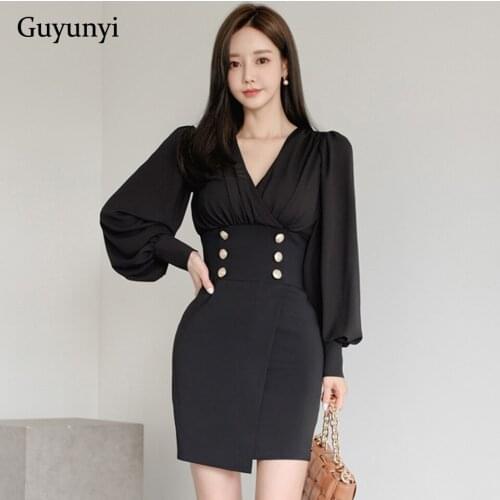 Elegant Office Lady Dress 2021 Summer Black V-Neck High Waist Decorative Buttons Small Folds Lantern Sleeve Tight Party Dress