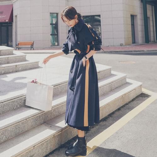 Womens Color Matching Woolen Coat 2021 Autumn Winter New Korean Style Loose Over-the-knee Women Jacket Thicked Warm Coat Y640