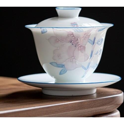 175ML Hand Painted Lily Tea Tureen White Jade Porcelain GaiWan Sancai Tea Cup Mugs Elegant Office Decoration Women Birthday Gift