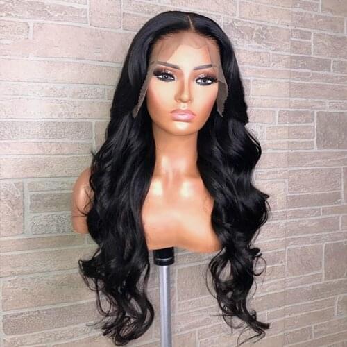26Inch Black Color Long Body Wave Glueless Transparent Lace Front Wig Synthetic For Fashion Women With Babyhair Daily Preplucked