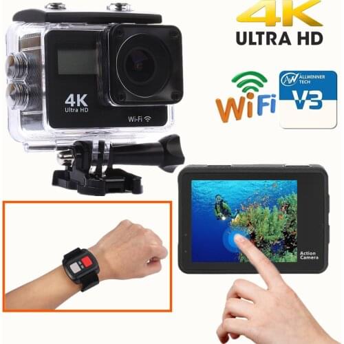 4K Ultra HD Action Camera Touch Double LCD WiFi 20MP 170D 30m Go Waterproof Pro Sport DV Helmet Video Camera employ Allwinner H3