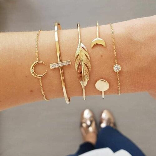 5Pcs/set Bohemian Gold color Moon Leaf Crystal Opal Open Bracelets Set for Women Punk Boho Beach Bangle Jewelry Accessories Gift