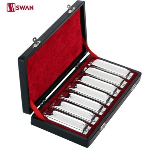 7PCS/Set Swan 10 Holes Harmonica Diatonic Blues Harp A/B/C/D/E/F/G Keys Mouth Organ With Gift Box Gaita