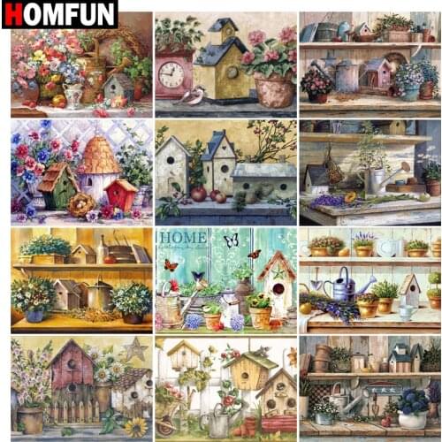 HOMFUN 5D Diy Diamond Painting Cross Stitch "Bird flower house scenery" Home Decor Full Rhinestones Inlay Diamond Embroidery
