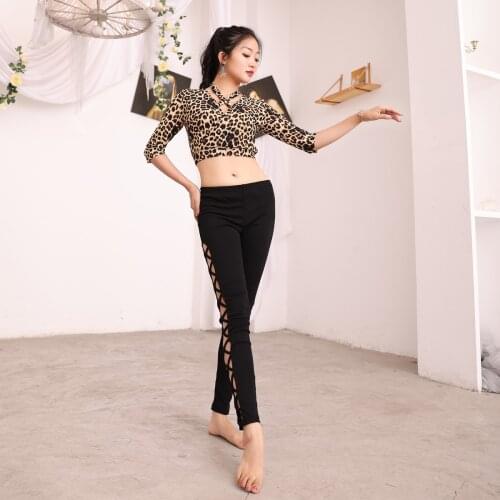 New Women Dancewear Belly Dance Practice Costume Leopard Print Top+Oriental Dance Sexy Black Pants Bellydance New Costumes