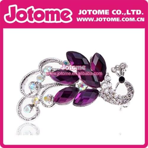 Fashion jewelry Silvery Tone Purple Crystal Iridescent Colored Rhinestones Peacock Brooch Pin for decoration