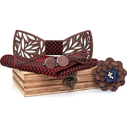 Handmade Mens Wood Bow Tie with Matching Pocket Square and Mens Cufflinks Set
