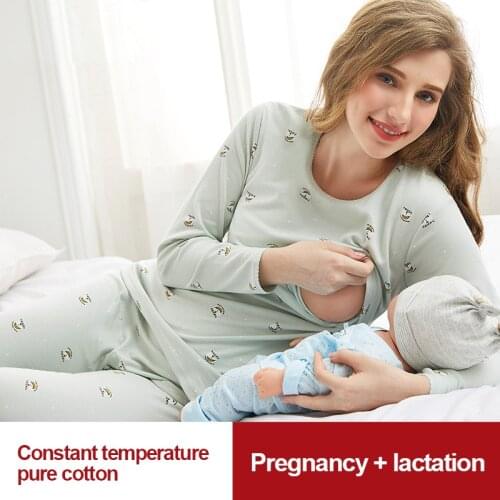 2Pcs/Set Nursing Nightgown Winter Warm Pregnant Women Pajamas Long Sleeve Pregnant Maternity Sleepwear