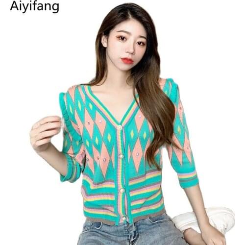 New Runway Women Summer V-Neck Diamond Plaid Knitwear Sweet Vintage Knitted Sweater Single-Breasted Ice Silk Short Cardigan Tops