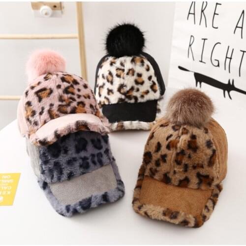 Autumn Winter Baseball Cap for Children Leopard Pompom Baby Boy Girl Hats Warm Plush Infant Toddler Kids Caps Baby Accessories