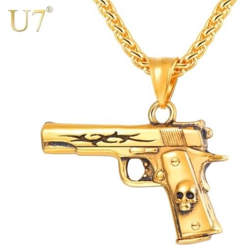 U7 Gun Shape Pendant Necklaces Gold Color Jewelry Stainless Steel Long Chain Cool Gift For Men Arms Statement Necklace New P1187