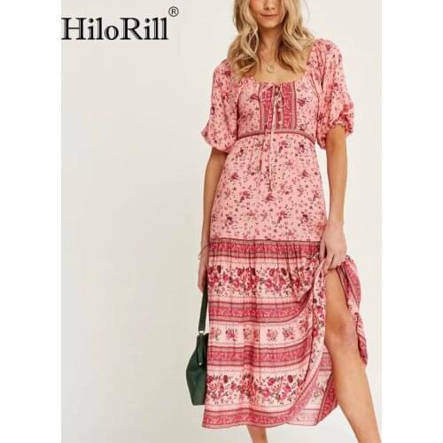 HiloRill Summer Boho Dress Floral Print Beach Long Dress Lantern Sleeve Lady Loose Vintage Pleated Dresses Vestido De Mujer
