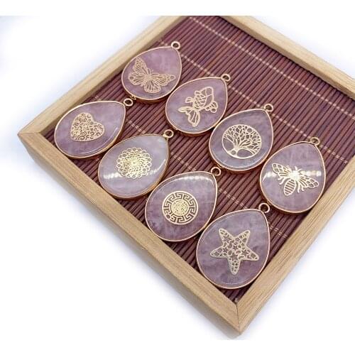 Pendant Pink Crystal Drop Shape New Fashion Carving Tree of Life Animal Jewelry Necklace Making Accessories Ladies Earrings