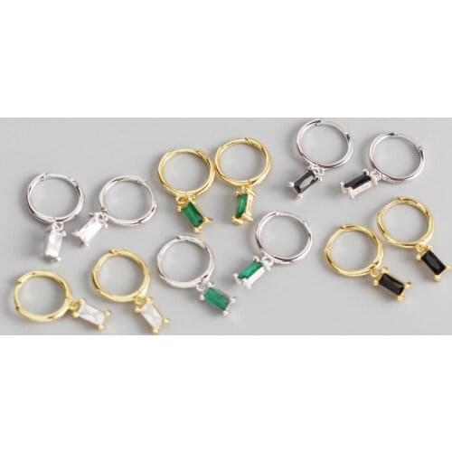 YPAY 100% Real 925 Sterling Silver Hoop Earrings for Women INS Small White Black Green Square Zircons Pendant Earring YME844