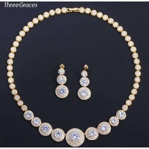 Threegraces Delicate Cubic Zirconia Luxury Dubai Gold Color Bridal Wedding Big Round Necklace Earrings Jewelry Sets TZ545