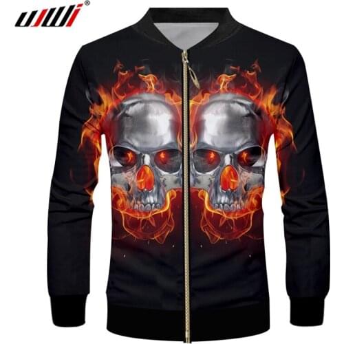 UJWI Mens Hip Hop Red Polyester Zip Jacket 3D Printed Creative Flame Skulls Man Zipper Coat Streetwear Wholesale