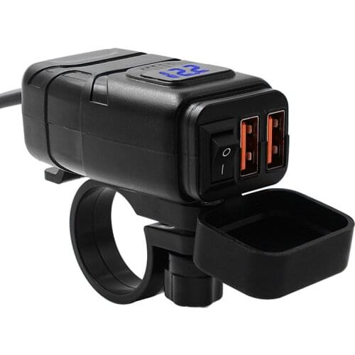 Waterproof QC 3.0 Motorcycles Charger Mounted Dual USB Charger Kit with Voltmeter Switch QC3.0 Fast Charge SAE to USB 24W + 24W