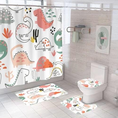 Cartoon Dinosaur Cute Shower Curtain With Non Slip Rug Mat Bathroom Curtain Waterproof Polyester Bathroom Curtain with Hooks