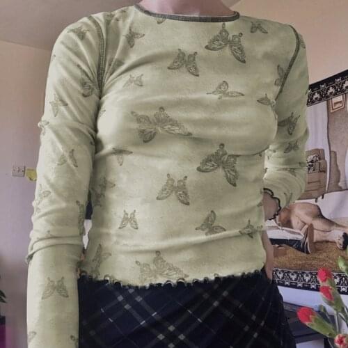 2000s Aesthetic Cute Y2K T-Shirts Women Green Butterfly Print Kawaii Baby Tee O Neck Long Sleeve Slim Basic Autumn Tops