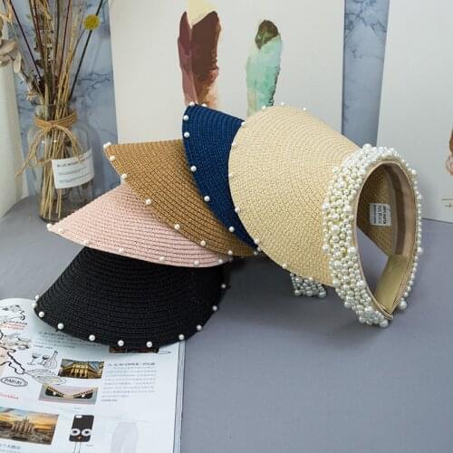 Imitation Pearl Empty Top Straw Hats for Women Casual Summer Beach Visor Caps Wide Large Brim Sun Protection Outdoor Sports Cap