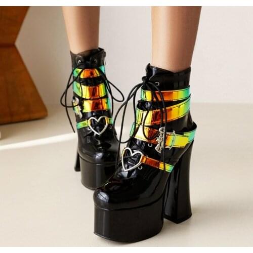 Womens Ankle Boots Belt Bat Wings Buckle Platform Pearls Chain Block 14CM High Heel Shoes Punk Motorcycle Sexy Plus Big Size 46