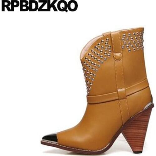 Rivet big size brown stud chunky studded boots slip on new high heel luxury brand shoes women plus ankle quality pointed toe 10