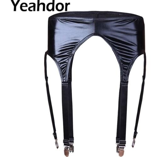 Women Black Wetlook Patent Leather Garter Belts Panty Plastic for Holding Stockings Belt with Six Metal Duck-Mouth Clips