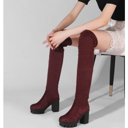 Ochanmeb Block Chunky Heels Platform Goth Over-the-Knee High Boots for Women Red Navy Blue Slip ons Stretch Faux Suede Boot Shoe