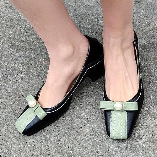 Spring New Pearl Bowknot Stitching Sweet European Style High Heels Car Stitching Shallow Mouth Oversized Womens Shoes