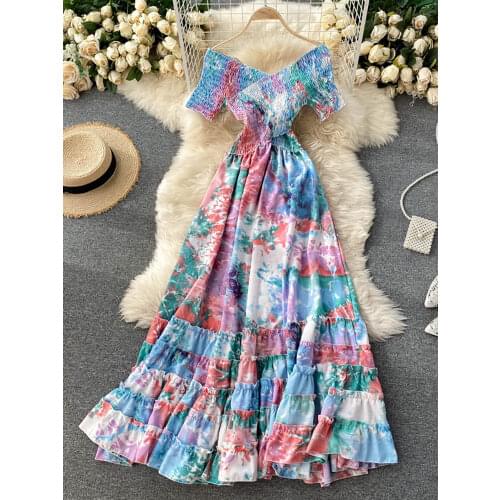 Bohemian Women Tie Dye Printed Long Dress Sexy Autumn 2020 Female V-Neck Short Sleeve High Waist Vacation Beach Ruffle Vestidos