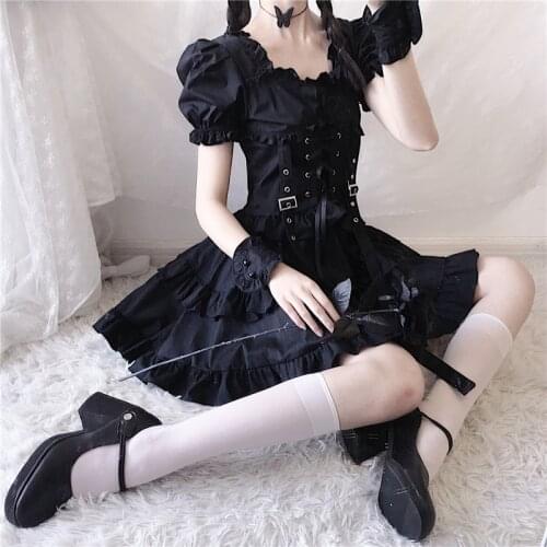 New Women Autumn Harajuku Gothic Dress Dark Black Vintage Short Sleeve Female Fashion Temperament High Waist Dresses