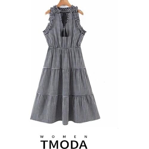 TMODA1347 Za 2021 Summer New Chic Plaid Print Women Dress Vintage Sleeveless Draped Vestidos Spring Drawstring Shirt Dresses