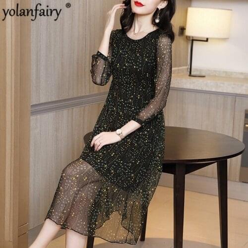 2020 Spring Dress Women 100% Real Silk Dress Summer Vintage Elegant Ladies Dresses Casual Vestido De Festa A20C6114AGF KJ4571