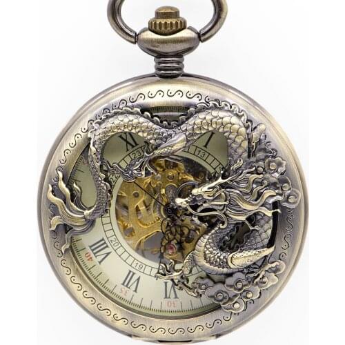 5pc/lot High Quality Bronze Dragon Roman Numberal Hollow Case Pocket Watches With Fob Chain Pendent for Men Women PJX1346