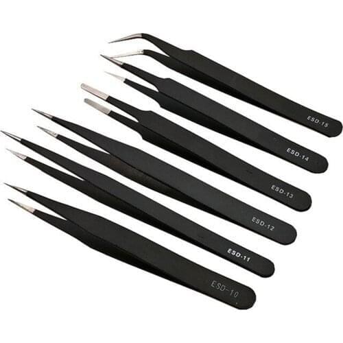 6PCS Anti-static ESD Stainless Steel Tweezers Maintenance Tools Industrial Precision Curved Straight Tweezers Repair Tools