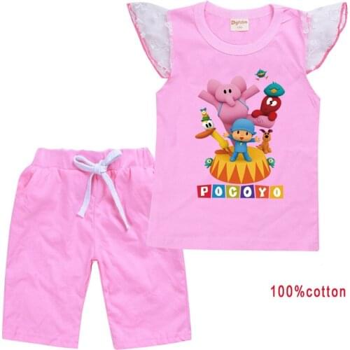 Pocoyoe Kids Clothes Girls Summer Clothing Sets Cartoon Print Fly Sleeve T-shirt Tops + Pants Fashion Suit Baby Children Outfits