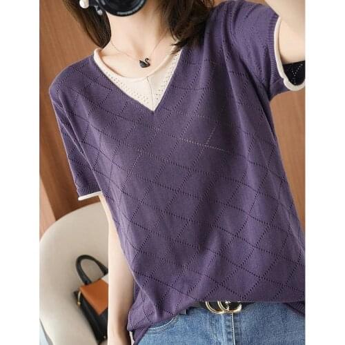 GGRIGHT Summer Hollow Out Knitted Sweater Women Fashion Loose Casual Sweaters V-Neck Short Sleeve Pullovers Tops Femme 2021
