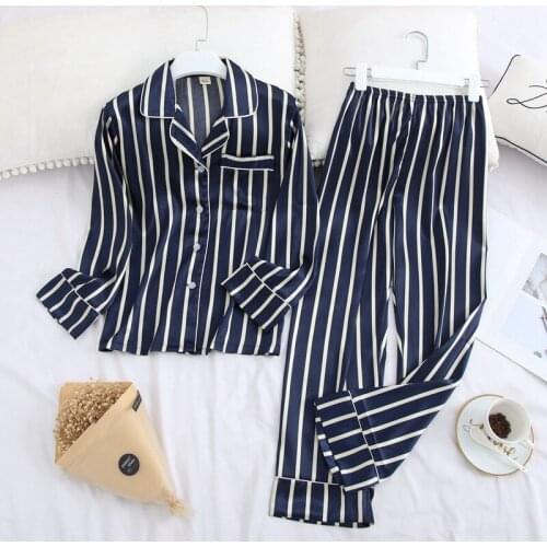 Hikigawa Simple Fashion Summer Ladies Silk Home Wear Autumn Long Sleeve Mujer Sexy Nightwear Plus Size Pyjamas Sets for Women