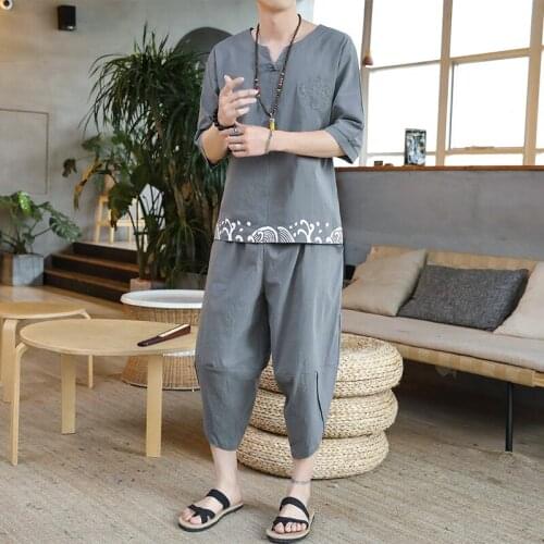 2021 Mens Chinese Style Embroidery Short-sleeved Shirt Top Wide-leg Pants Casual Shorts Retro Fashion Two-piece Suit