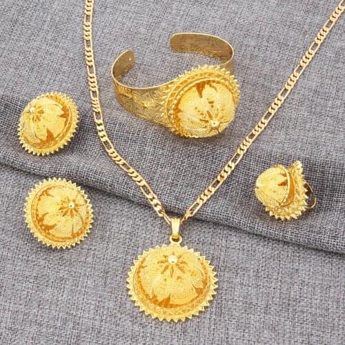 Bangrui 24k New Gold Color Bride Wedding Big Pendant Necklace Bangle Earring Ring Africa Eritrea Habesha Ethiopia Set