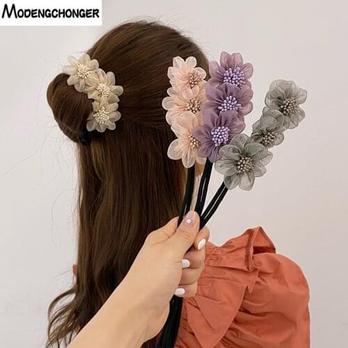 Fashion Flower Hair Accessories Three Flowers Hair Tools For Girls Device Quick Messy Women Pearl Hair Bands Hairstyle Headband