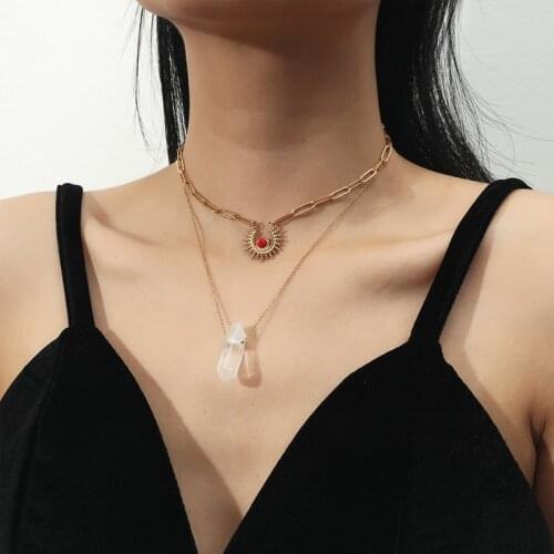 Stainless Steel Jewelry Layered Sun Pendant Necklaces For Women Natural Stone Crystal Charm Choker Necklaces Collares Para Mujer