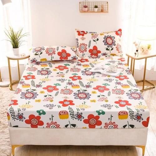 100% Cotton Bedsheet Flowers Printed Bed Linens Pink Color drap Kids Sheets with Elastic Dyed bedspread