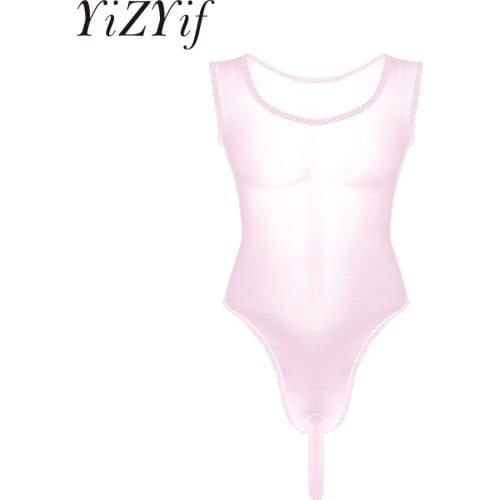 Sexy Men Sheer Mesh Sissy Penis Sheath Teddy Bodysuit Bodystocking Scoop Neck High Cut Bulge Pouch Jumpsuit Leotard Lingerie