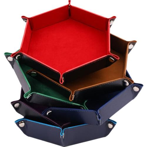 Foldable Dice Tray Box PU Leather Folding Hexagon Coin Square Tray Dice Game Tray Desktop Organizer