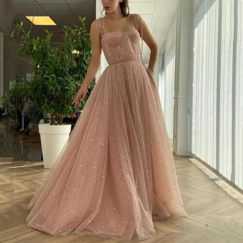 Thinyfull Sparkly Stars Tulle Baby Pink Color Prom Dresses Draped Top Shiny Princess Evening Dresses Robe De Soiree 2021