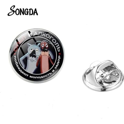 Wolf Dog Brooches for Men 3D Print CCCP USSR Soviet Glass Dome Cartoon Photo Pins Stainless Steel Women Bag Jewelry Gift Friends