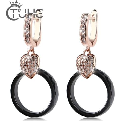Simple Style Black White Circle Ceramic Pendant Earrings for Women Rose Gold Color Bling Heart Ear Earring Jewelry Wedding Gift