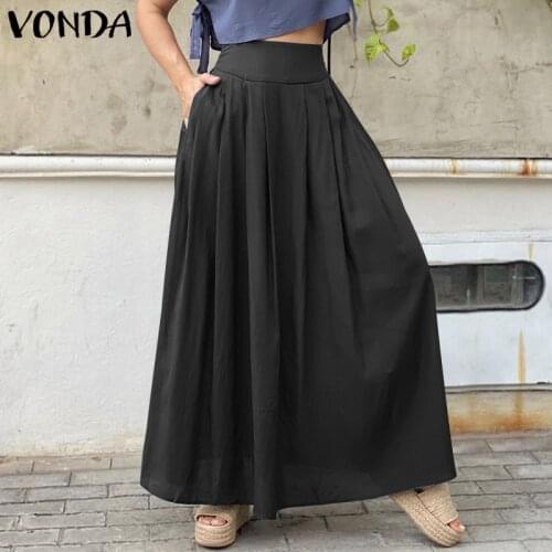 Women Solid Skirts VONDA 2021 Summer Elastic Waist Pleated Skirts Ladies Long Maxi Party Skirts With Pockets Femme Streetwears