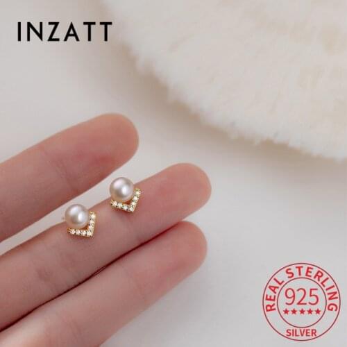 INZATT Real 925 Sterling Silver Zircon Letter V Round Pearl Stud Earrings For Women Fine Jewelry Cute Accessories Drop shipping